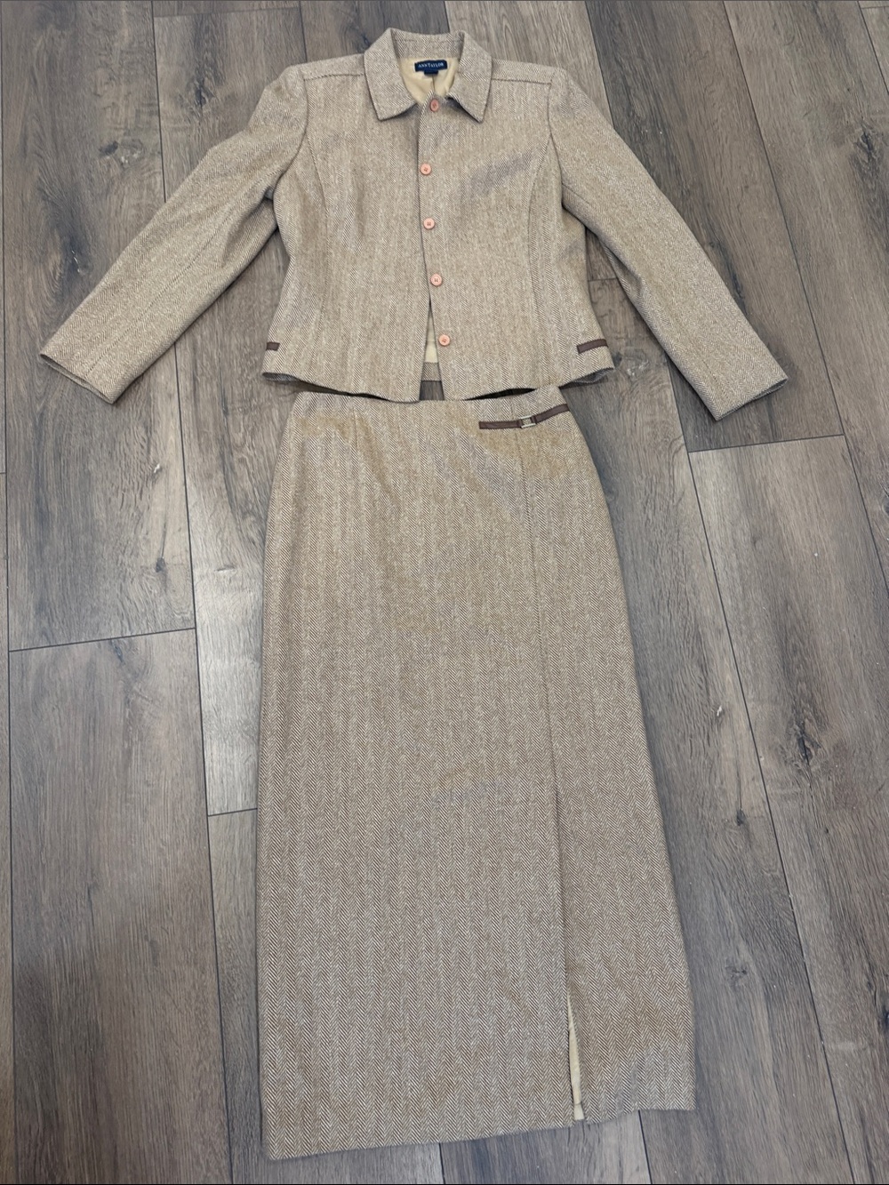 Ann Taylor Tan Herringbone Trench Jacket & Skirt Set